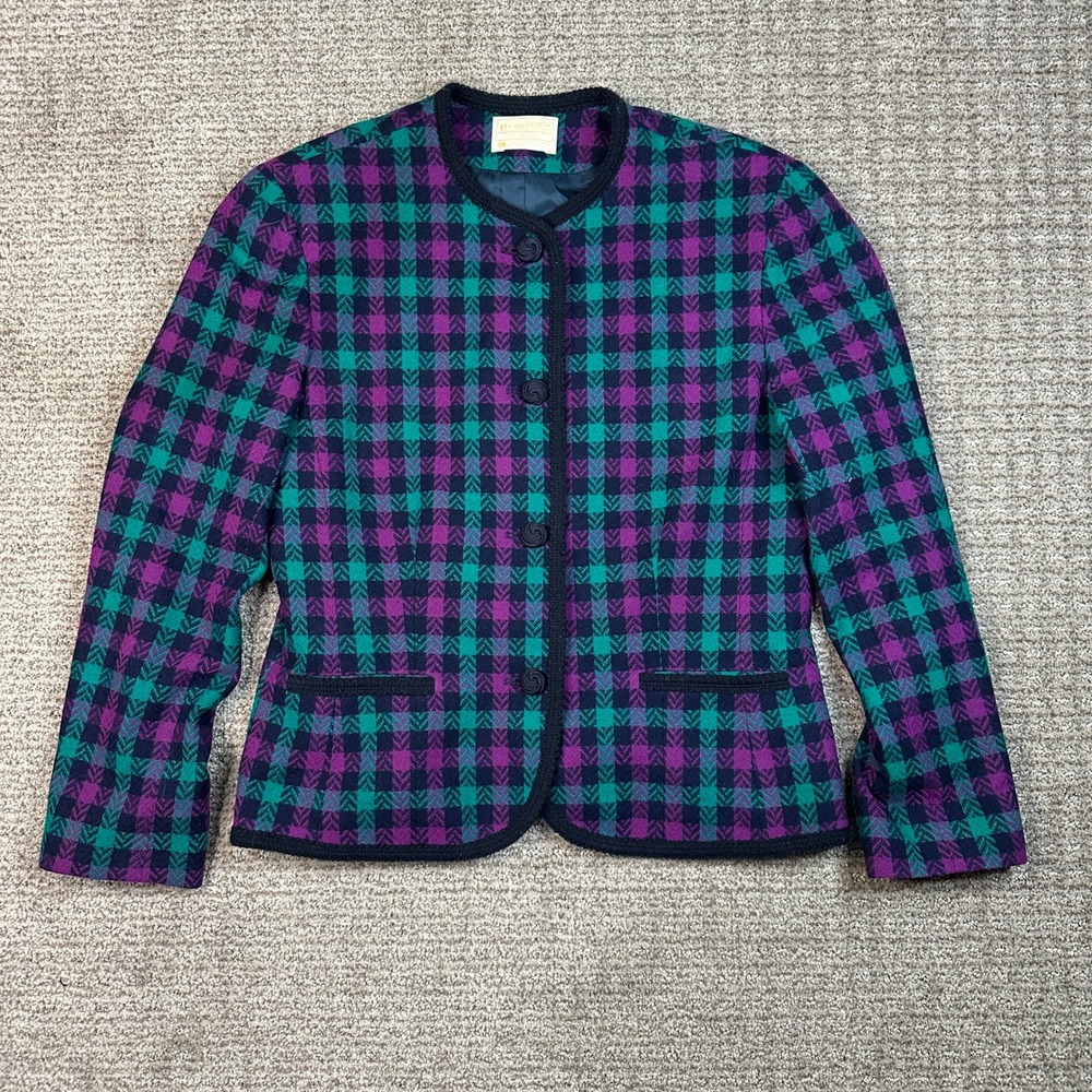 Vintage Pendleton Wool Blazer Jacket Purple Teal Check Plaid Collarless USA 100% - Picture 1 of 8